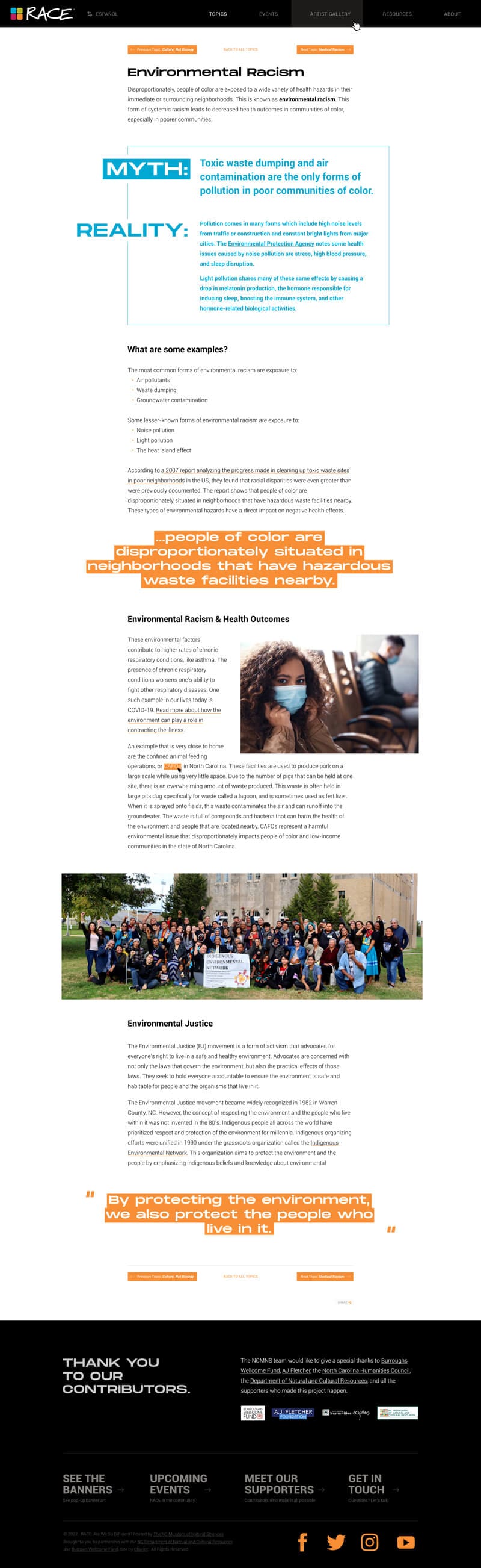 NC Museum of Natural Sciences web design article page mockup for Race: Are We So Different? exhibit showing an article on Environmental Racism and Environmental Justice.