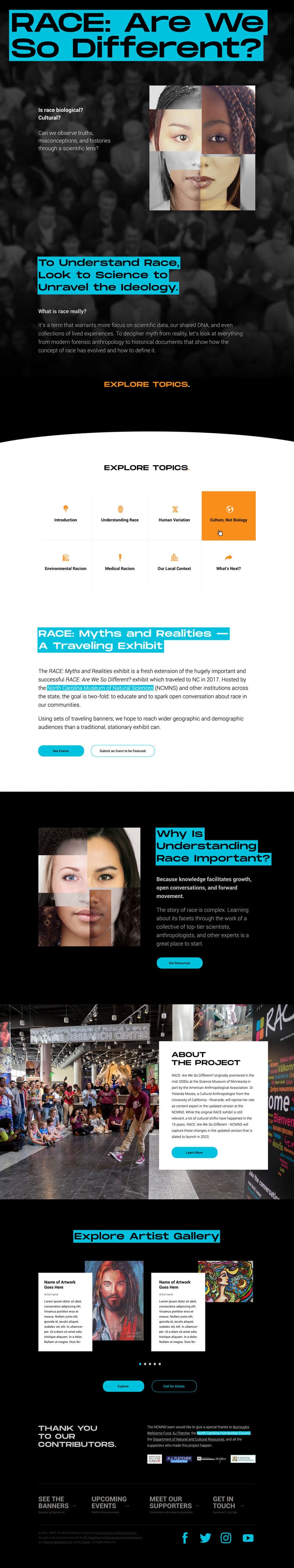 NC Museum of Natural Sciences web design homepage mockup for Race: Are We So Different? exhibit based on the work of cultural anthropologist Dr. Yolanda T. Moses