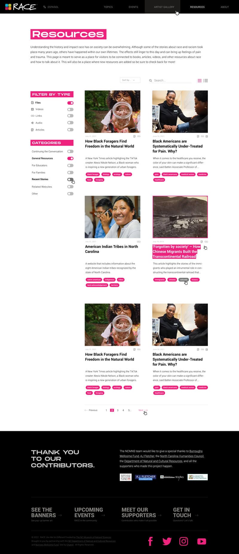 Web design mockup utilizing WordPress post types to build a robust Resources system for the Race: Are We So Different? exhibit, offered at the NC Museum of Natural Sciences.