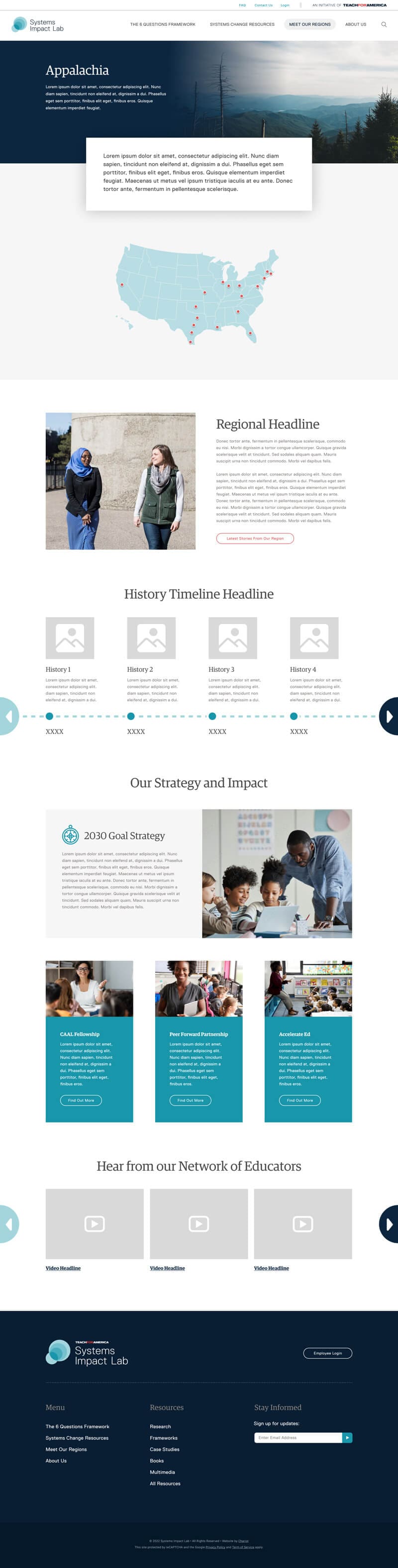 Web design mockup for Teach For America's System Impact Lab project showing the Region detail page.