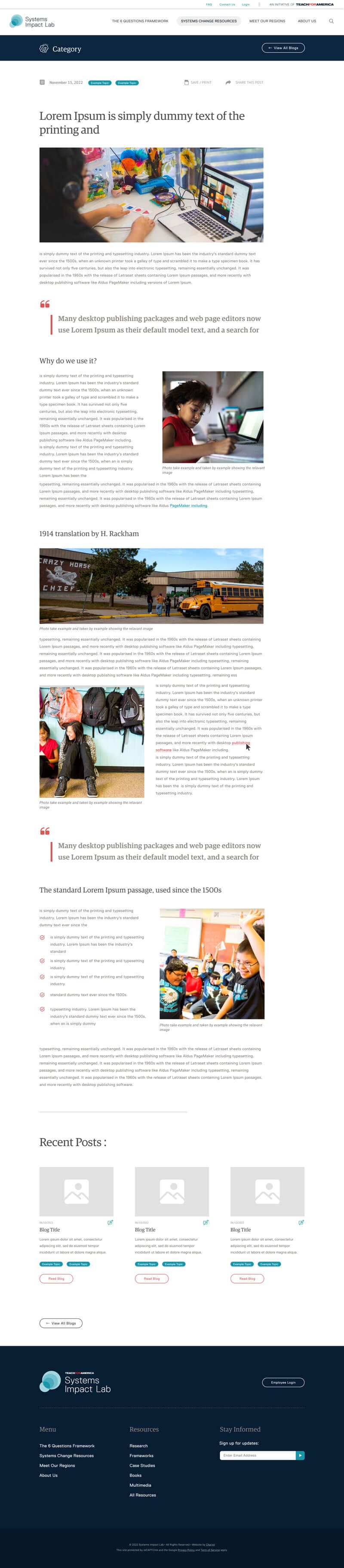 Web design mockup for Teach For America's System Impact Lab project showing the Blog detail page with images, pull quotes, headings, and paragraph text.