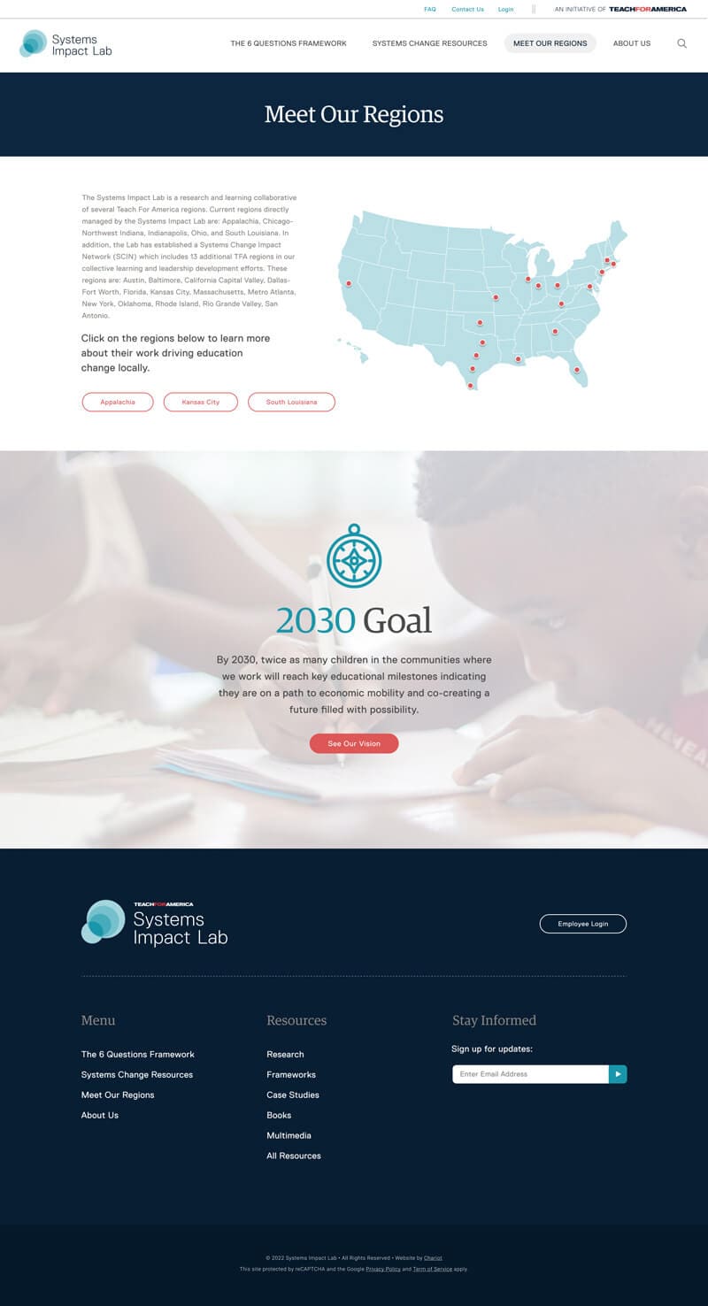 Web design mockup for Teach For America's System Impact Lab project showing the Region landing page with a map of the US showing red dots for each location.