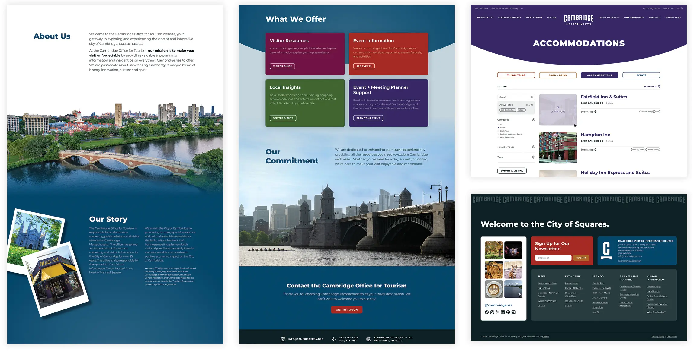 cambridge, massachusetts marketing tourism web design examples showing 3 snippets of website pages