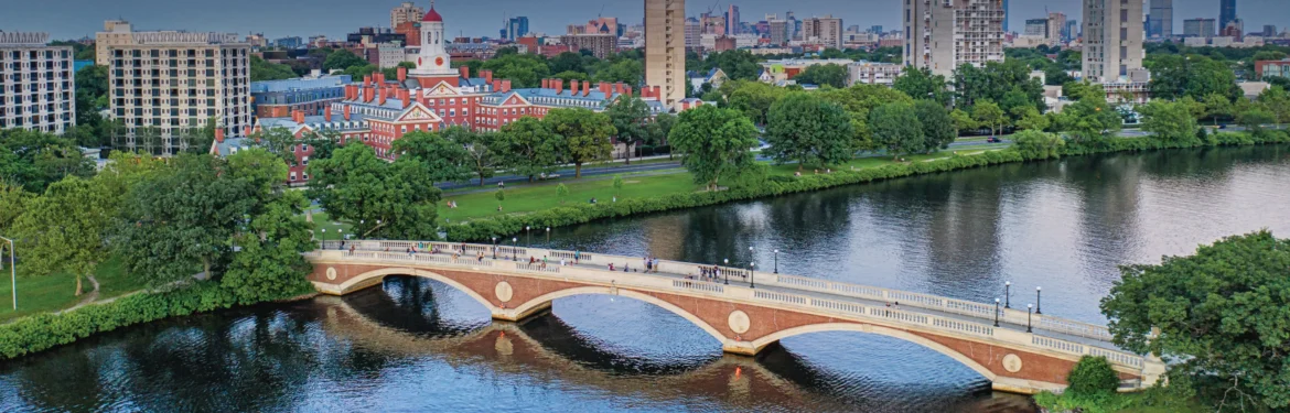 Aerial photo showing Cambridge, Massachusetts, a bridge from Boston to Cambridge over river