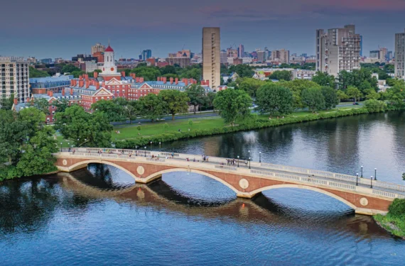 Aerial photo showing Cambridge, Massachusetts, a bridge from Boston to Cambridge over river