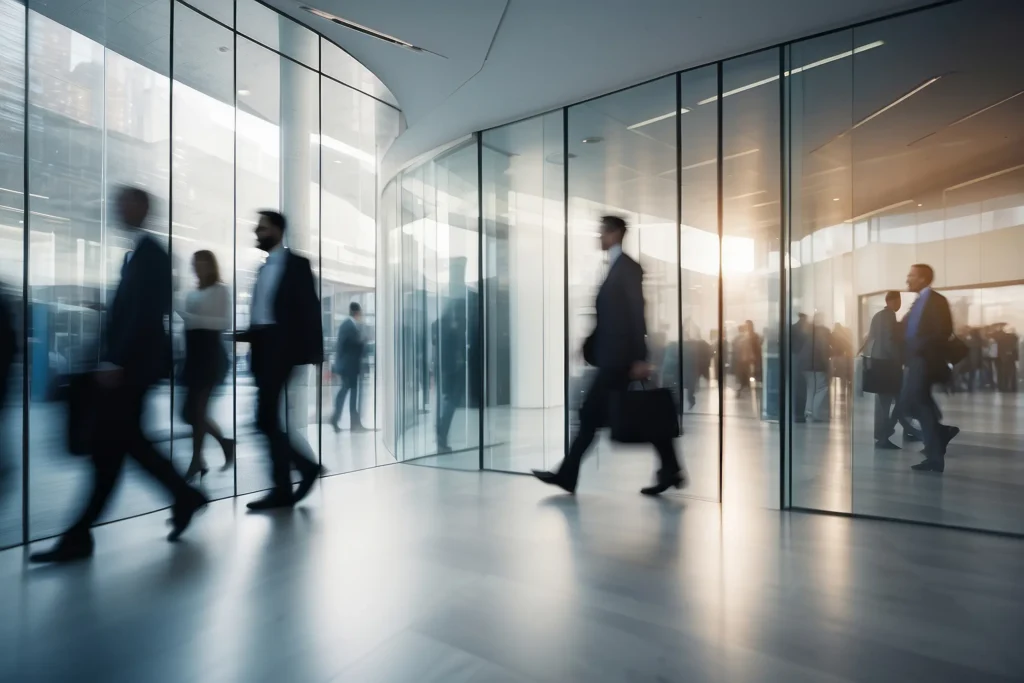 Hallway in a corporate building showing people walking by in suits, with a blur effect, and yellow glow coming through the windows
