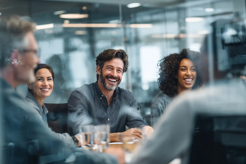 marketing agency meeting with room of smiling, diverse people sitting at a table with glasses of water